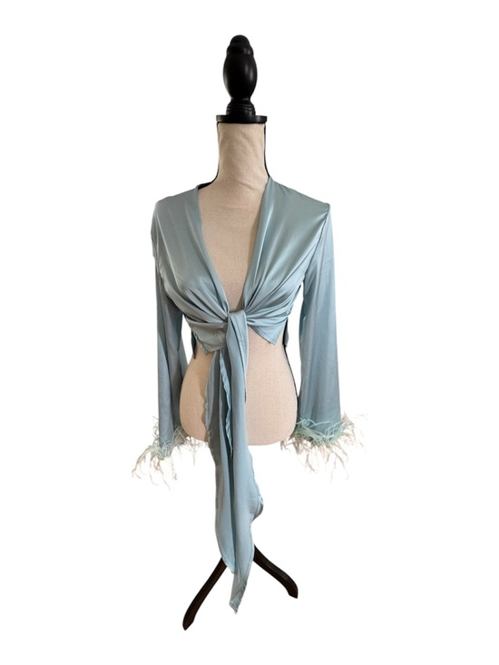 Other - Light Blue Feather Trim Tie-Front Lingerie Top